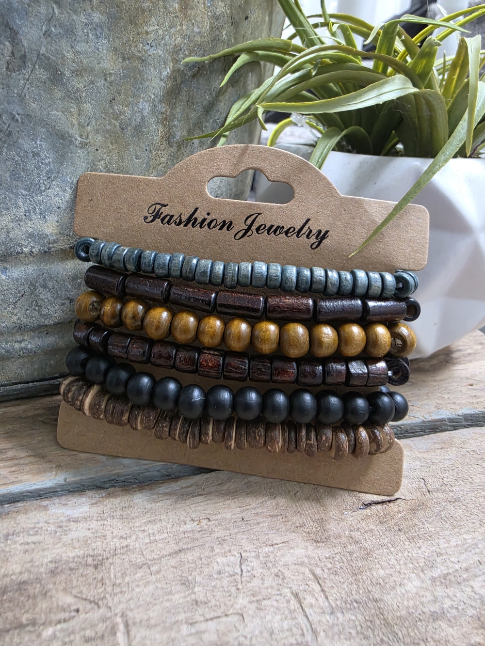 Boho Wood Bead Bracelet Set Brown Black Layered Stack Stretch Bracelets 6 Pc
